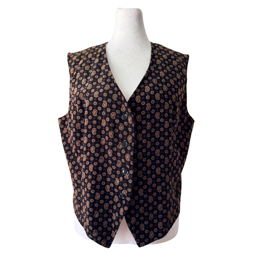 Vintage ‘80s F.A. Chatta Black & Brown Paisley Print 100% Cotton V-Neck Vest